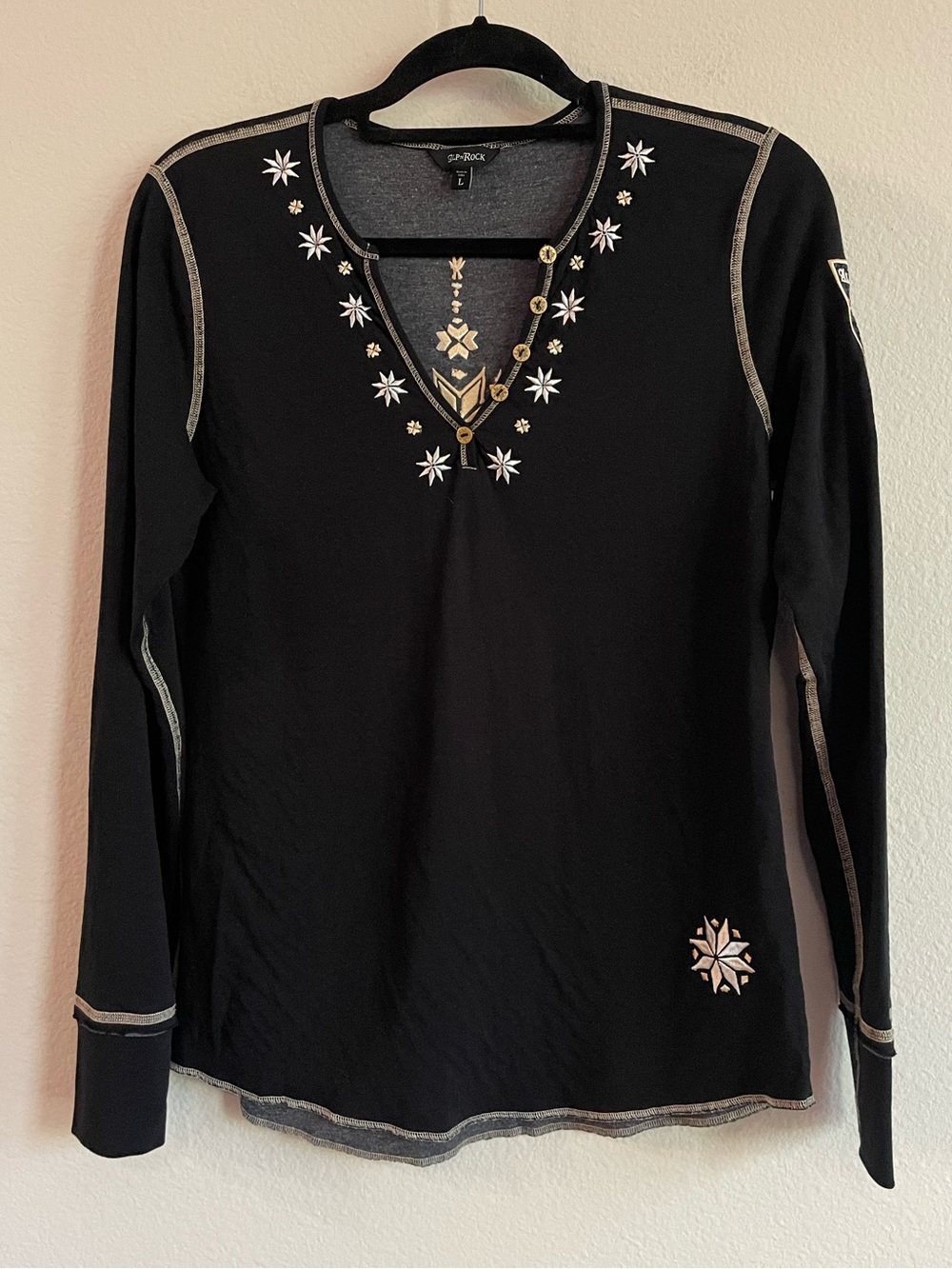 Alp n Rock Embroidered Henley Long Sleeve Slim Top Size Large